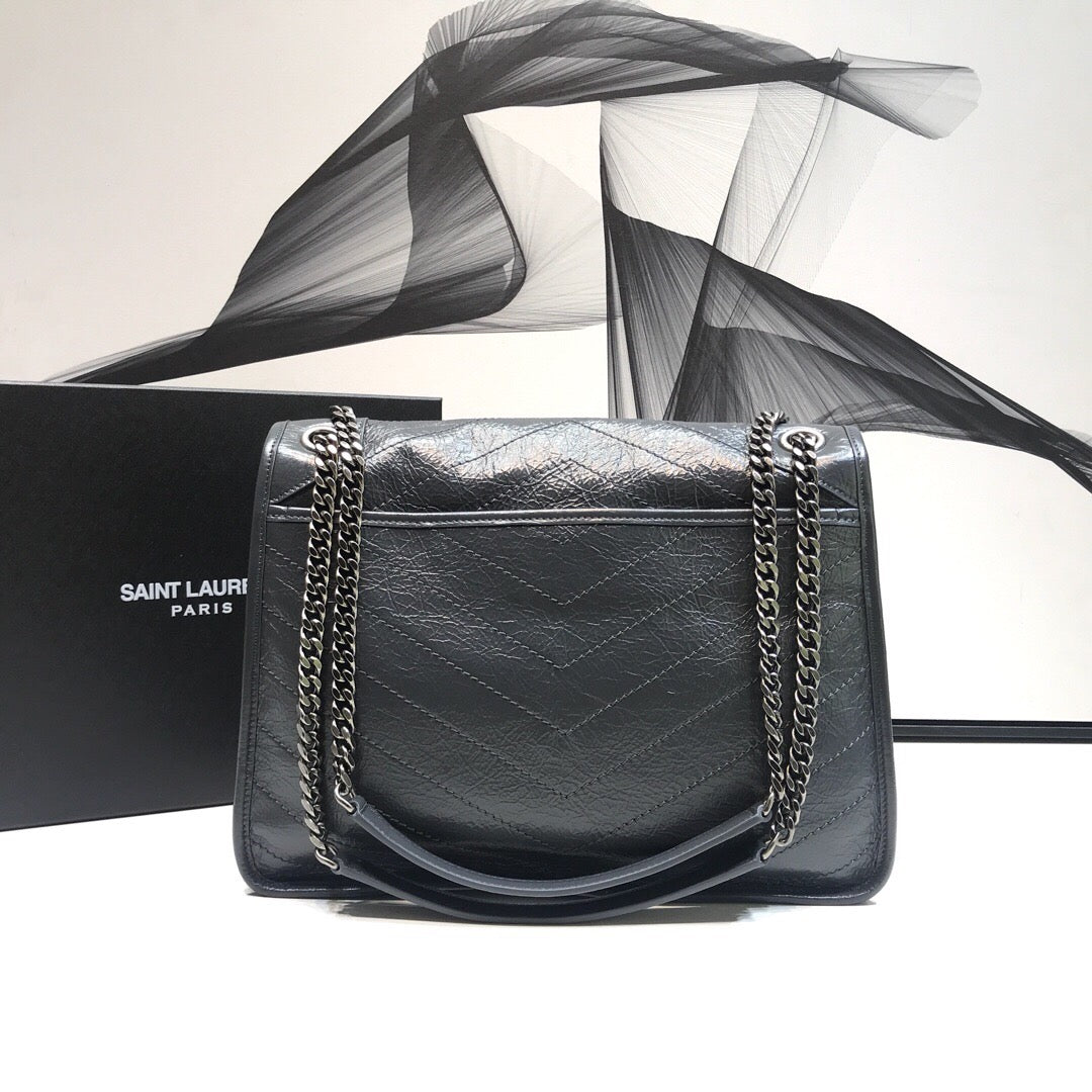 YSL Saint Laurent Niki Crinkled 11in 28cm Grey Medium Chain Handbag