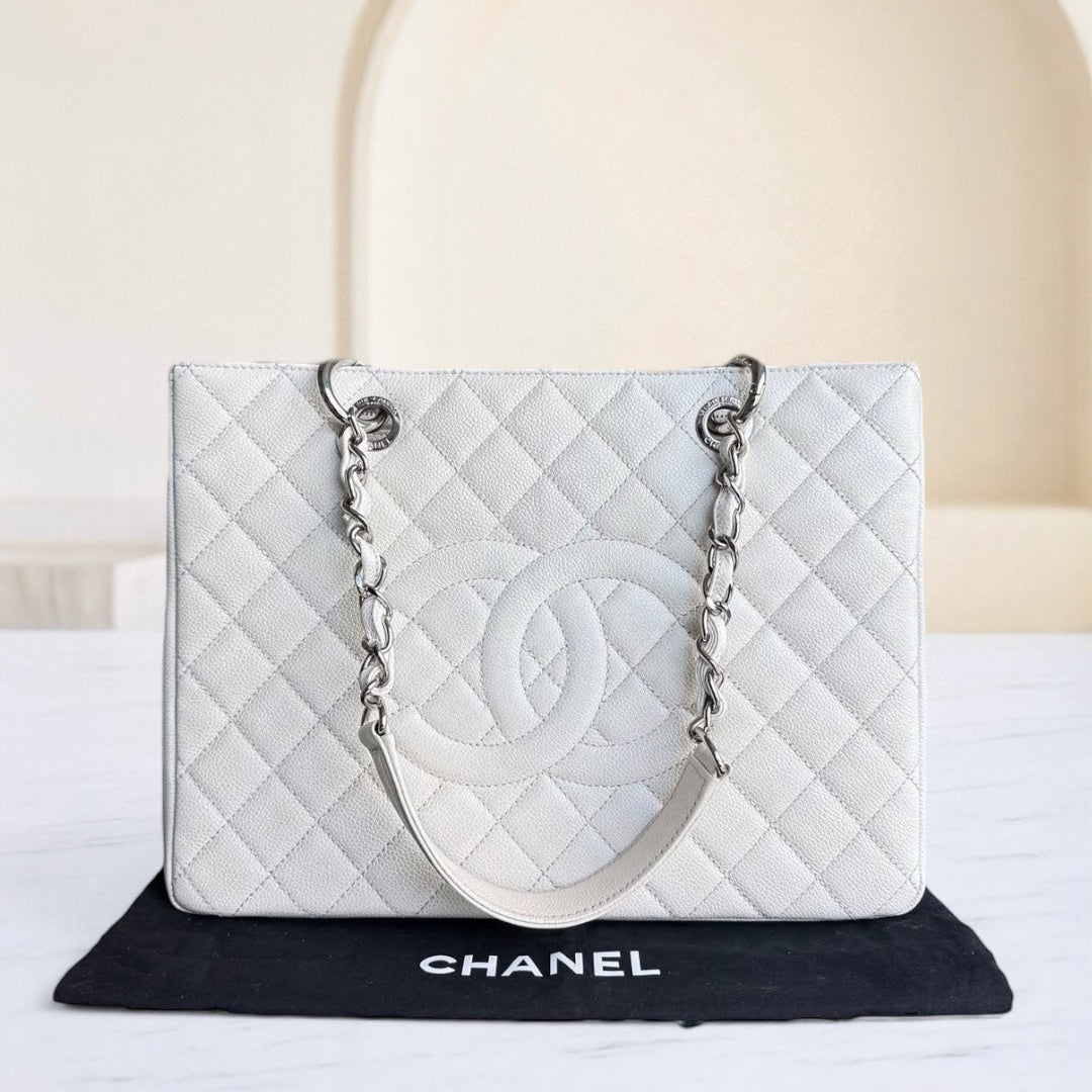 Chanel GST Grand Shopping Tote - Caviar Hardware Quilted White Tote Bag