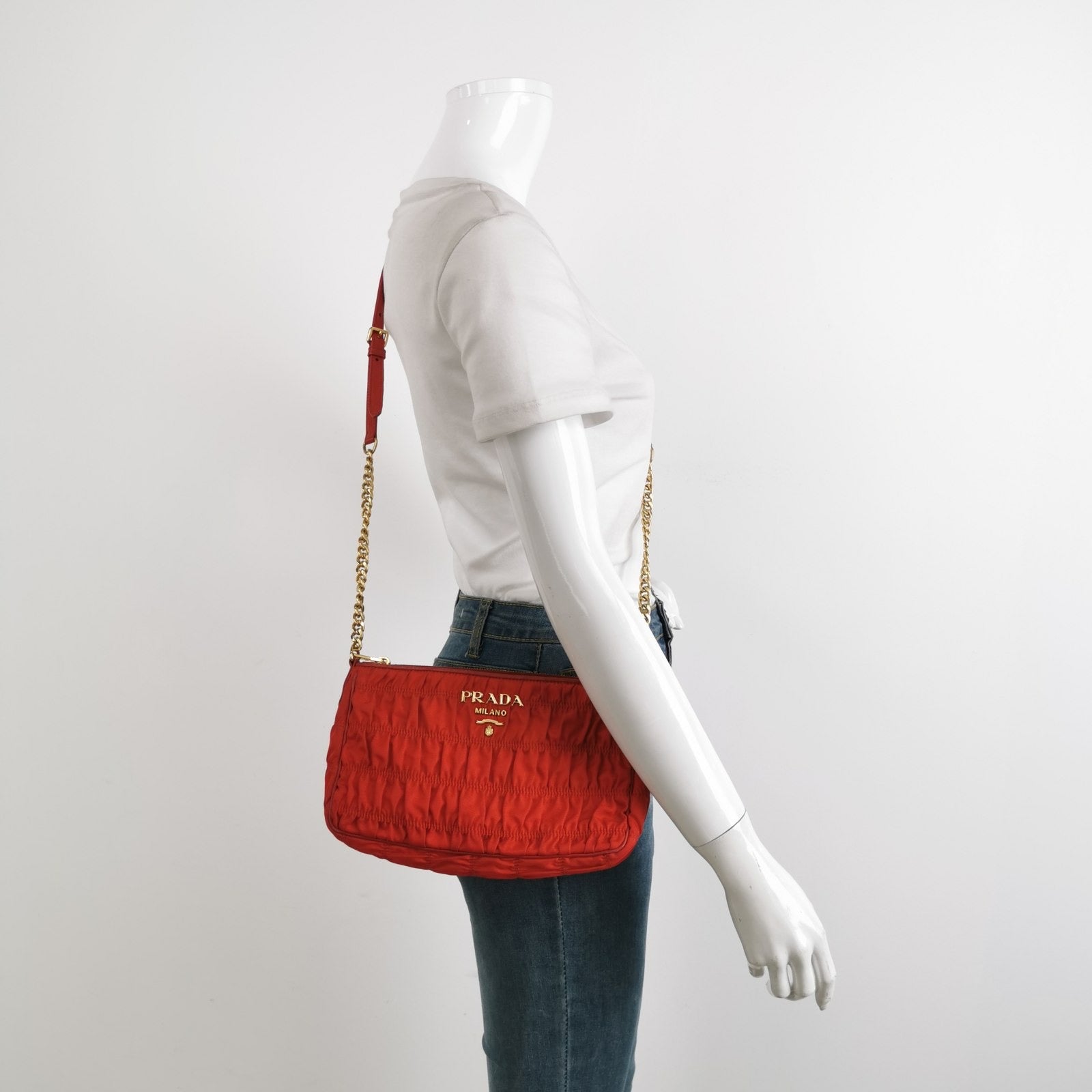 Prada Tessuto Gaufre Crossbody Bag With Tone Hardware Nylon Red
