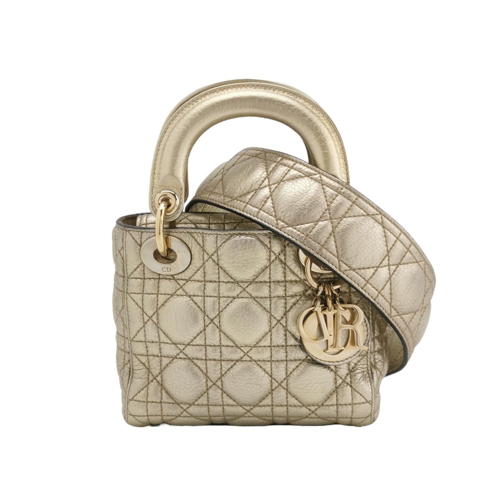 Dior Lady Supple Calfskin Cannage Handbag With Strap Leather Gold Travel Bag With Strap