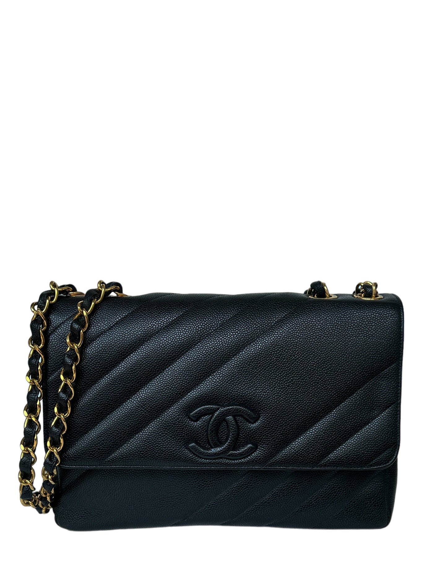 Chanel Black Caviar Leather Diagonal Quilted CC Flap Bag