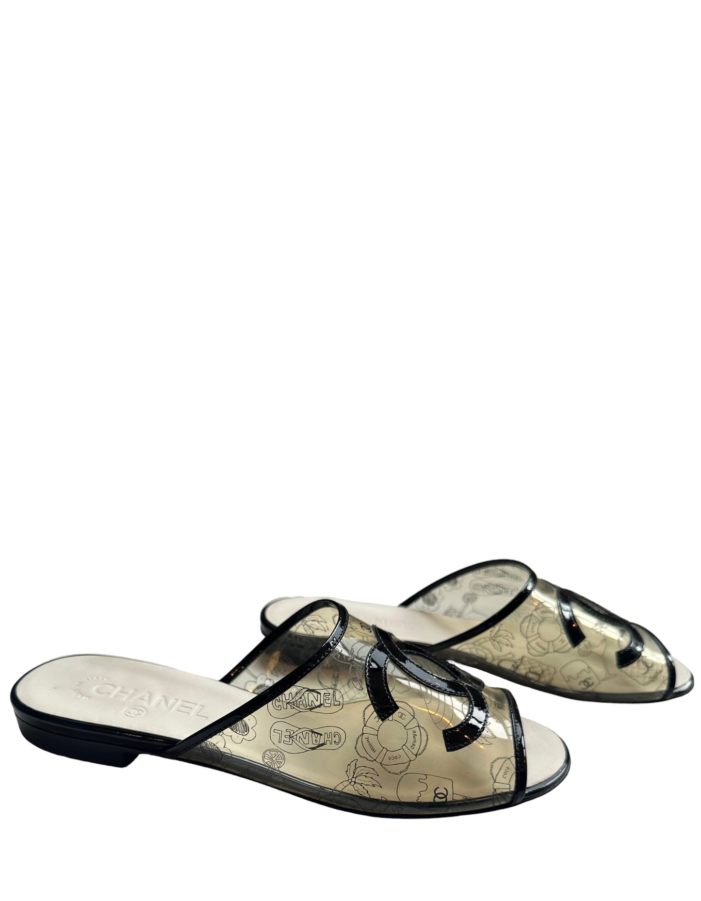 Chanel 2019 Printed PVC CC Logo Slides sz Shoes