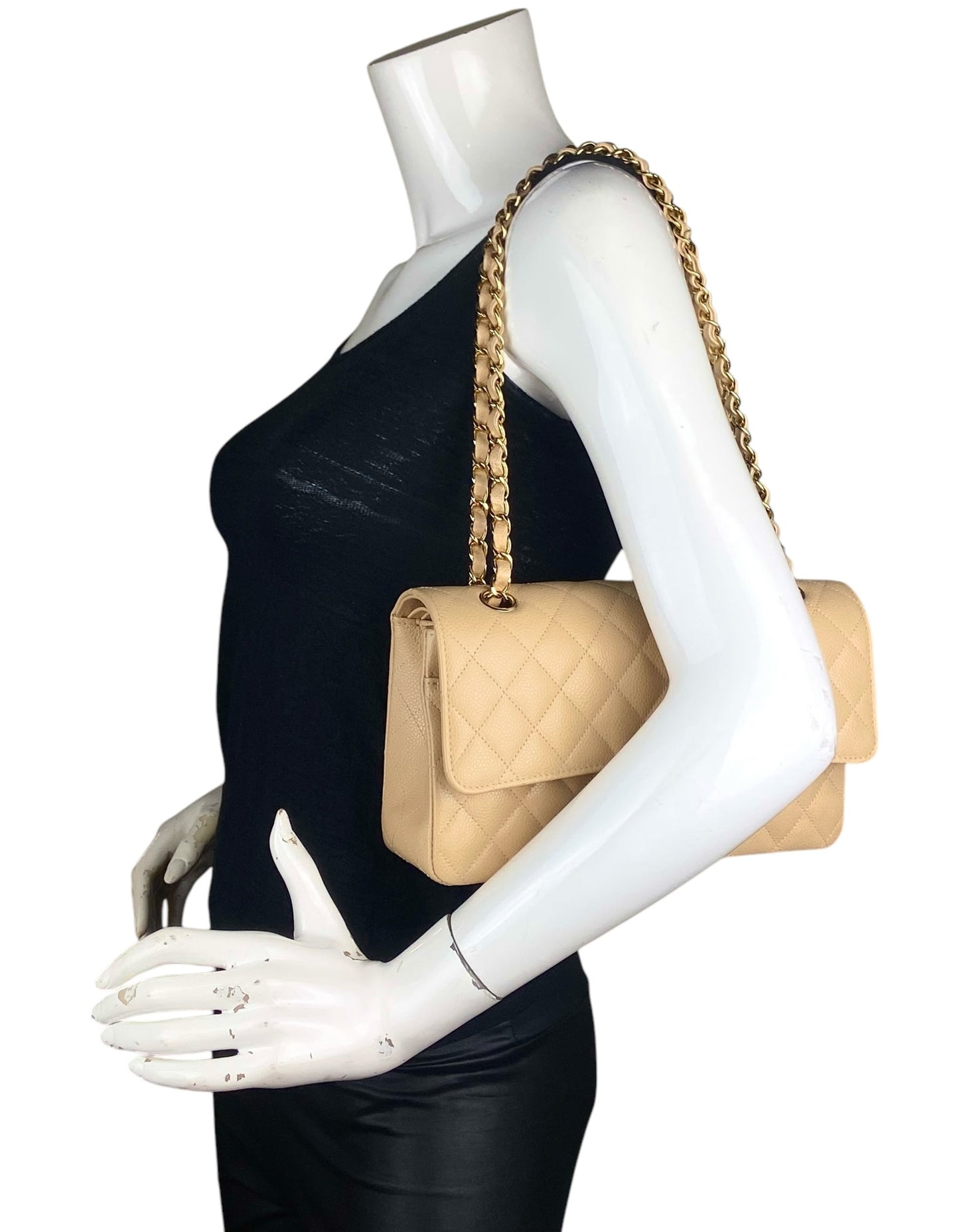 Chanel Beige Caviar Medium Double Flap GHW Bag