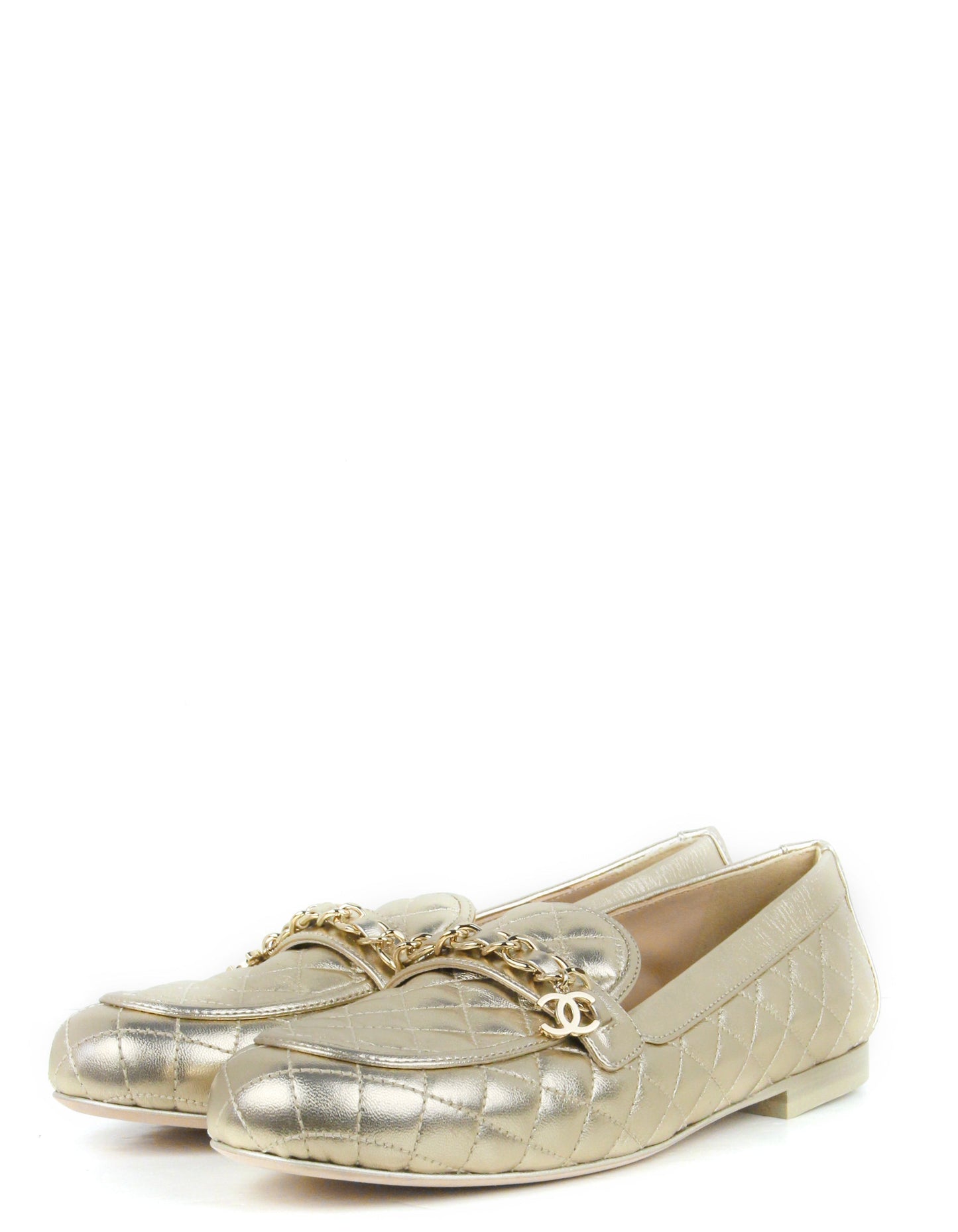 Chanel Gold Lambskin Quilted Chain CC Loafers sz