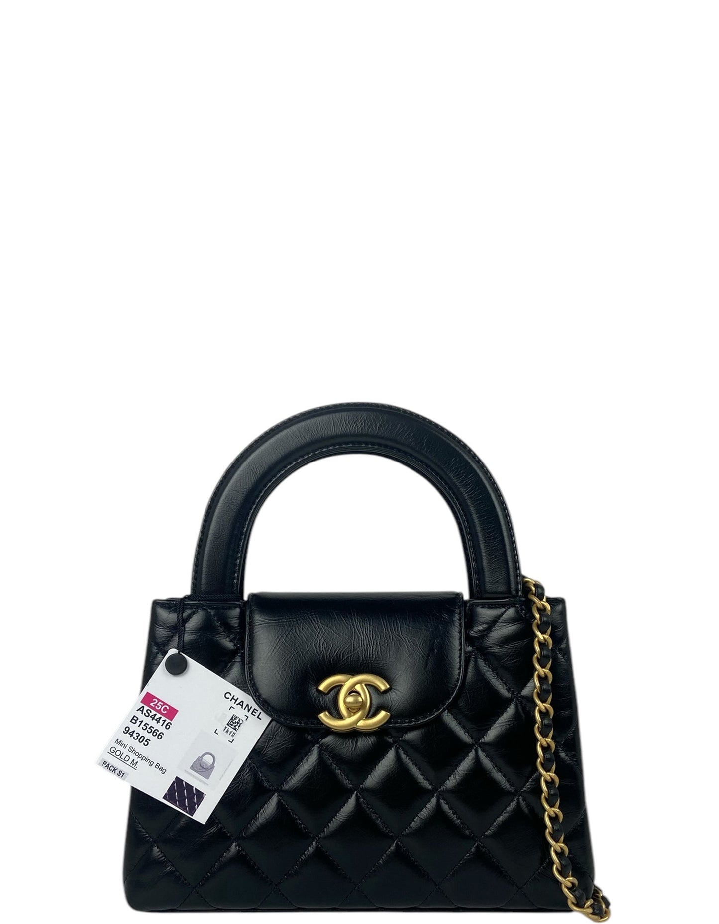 Chanel 2025 Black Calfskin Quilted Nano Kelly Shopper Bag