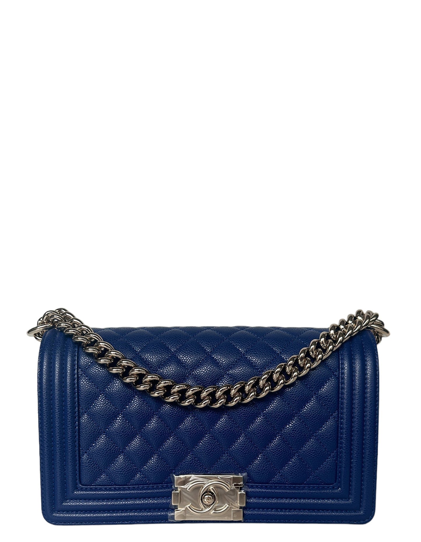 NEW Cobalt Blue Caviar Leather Quilted Medium Boy Bag Signature