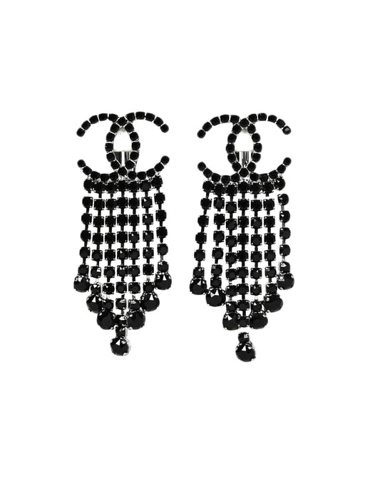 Chanel Black Crystal CC Drop Earrings Jewelry