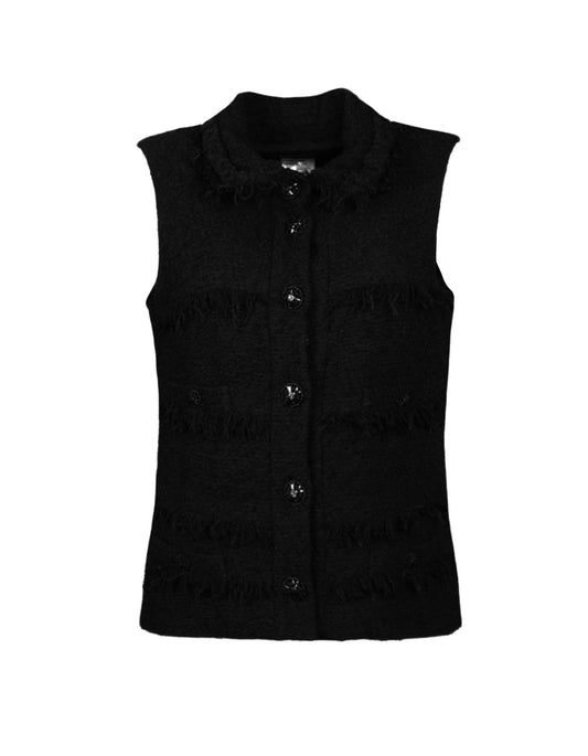 Chanel Black Wool Boucle Vest w/ Fringe sz 38 Accessory