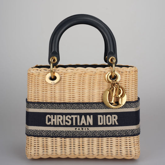 Dior Handbag Christian Natural Oblique Lady Bag Canvas Wicker Blue