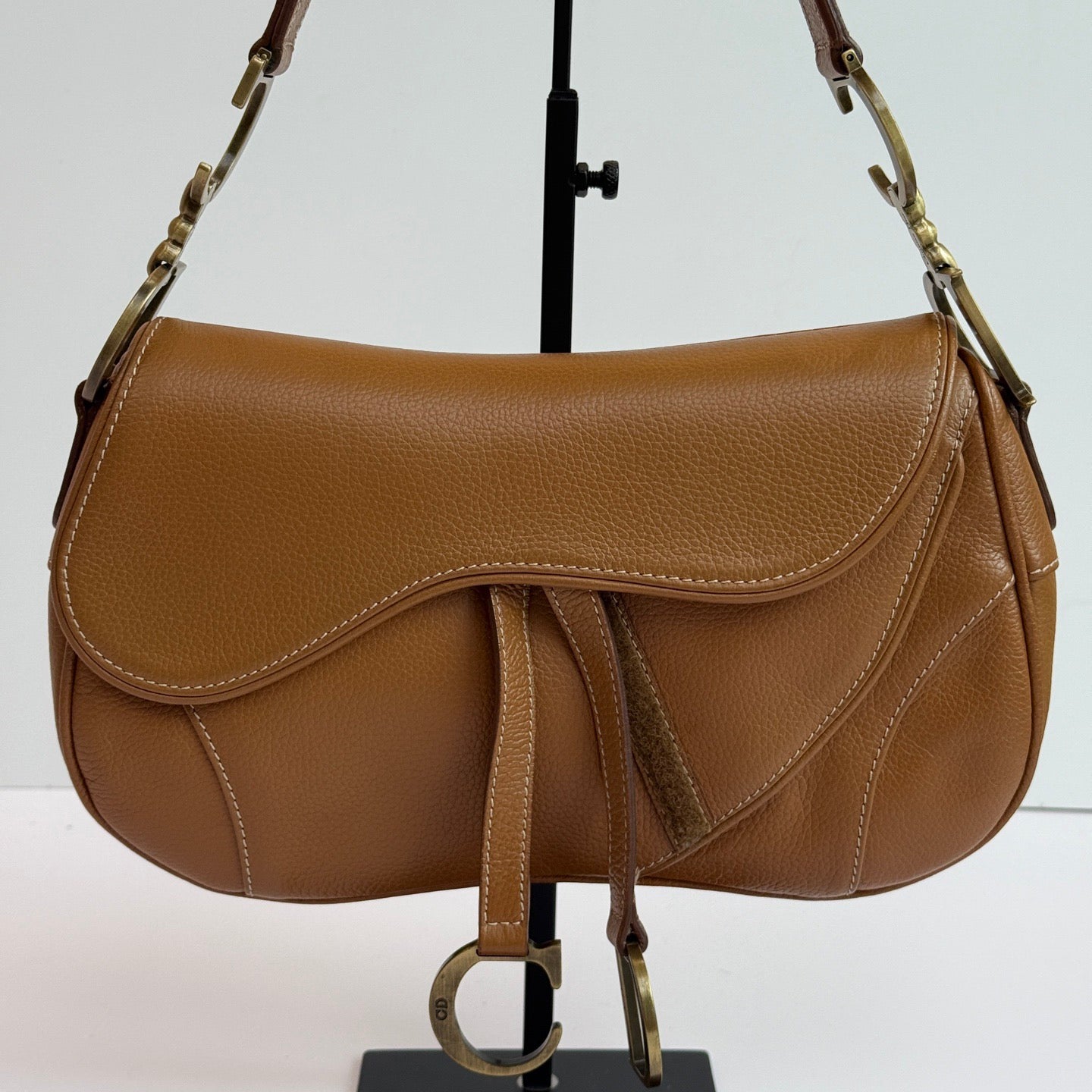 Dior Double Saddle Tone Hardware Handbag Leather Brown Travel Bag