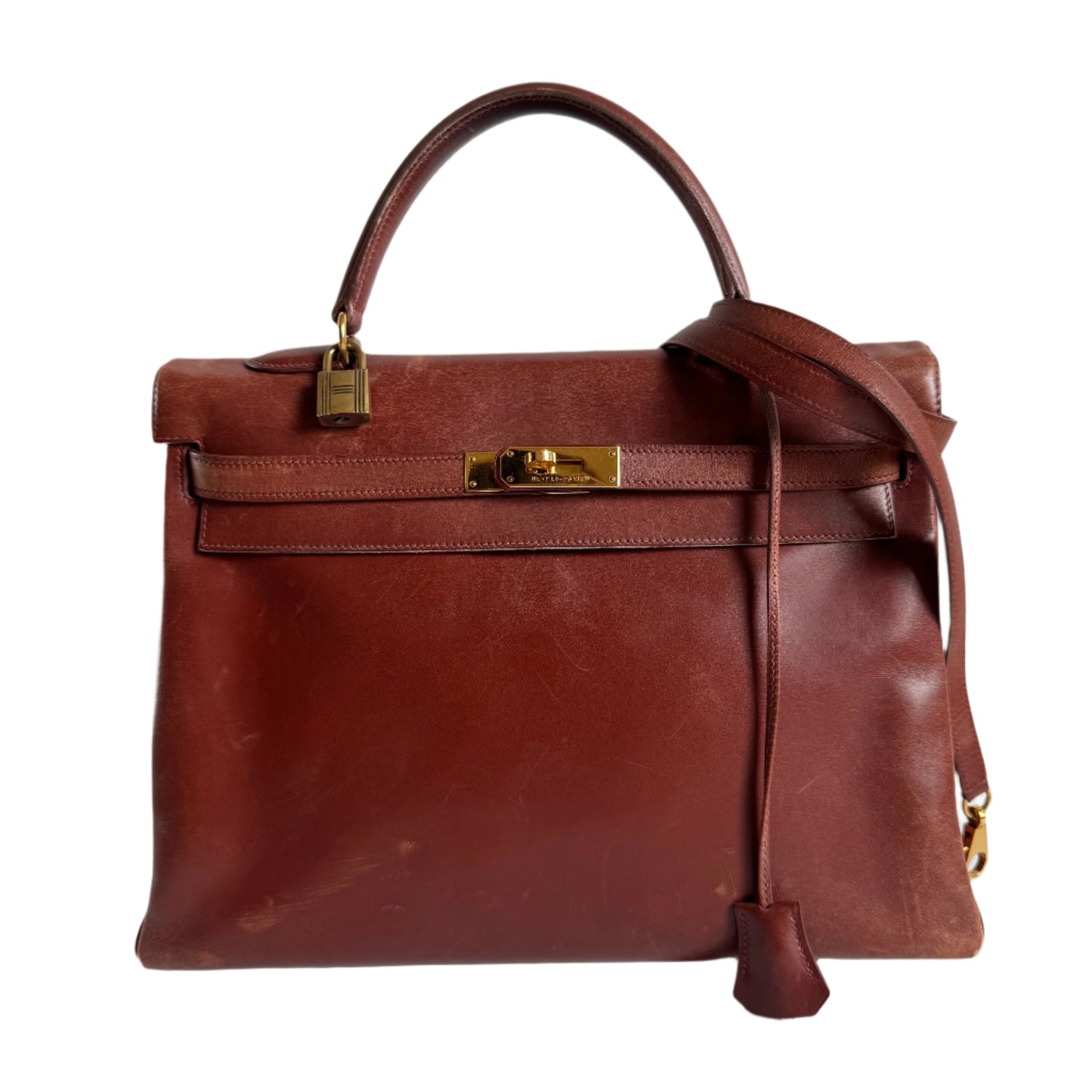 Hermes Kelly Box Calfskin Hardware With Strap Lock Leather Brown Travel Bag