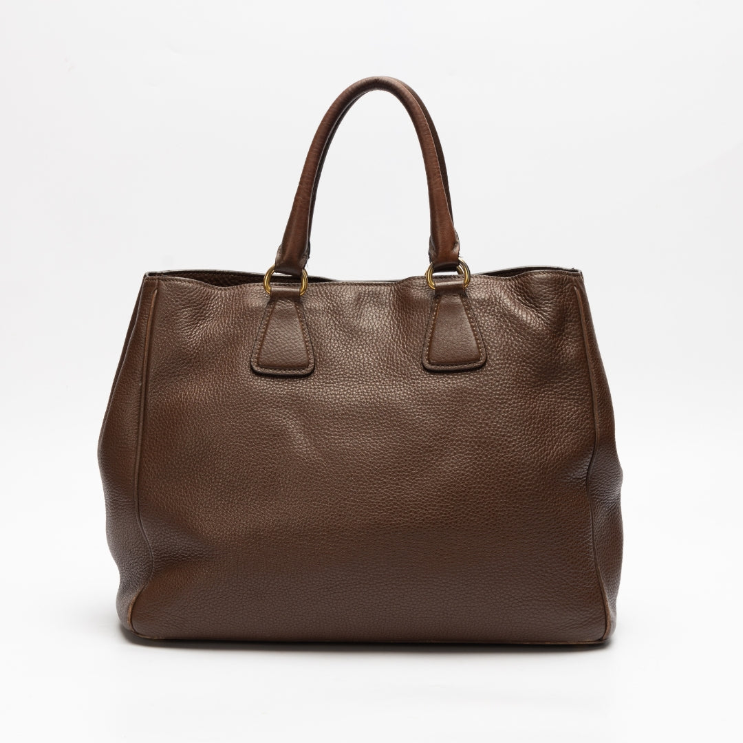 Prada Daino Shopper Tote Leather Vitello Brown Tote Bag