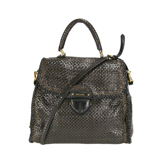 Prada Madras Khaki Goatskin Luxury Handbag Black Woven Travel Bag