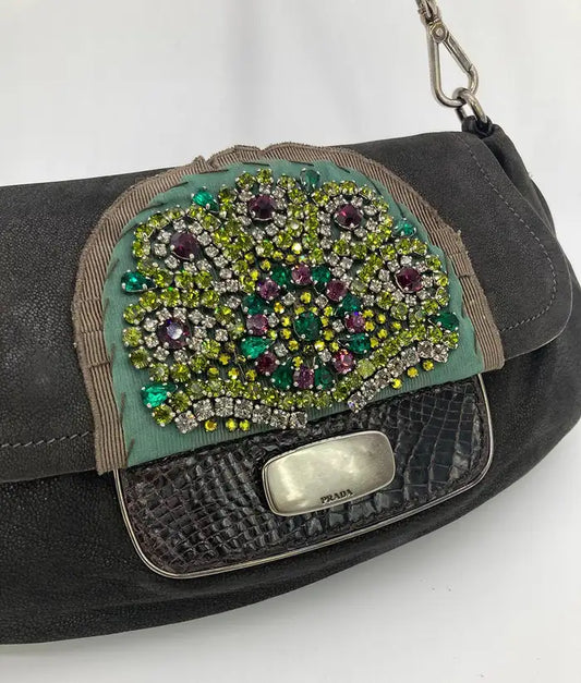 Prada Rhinestone Alligator Shoulder Bag Suede Black Flap