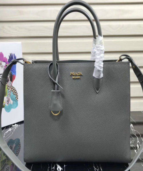 Prada Tote Leather Saffiano Gray Tote Bag