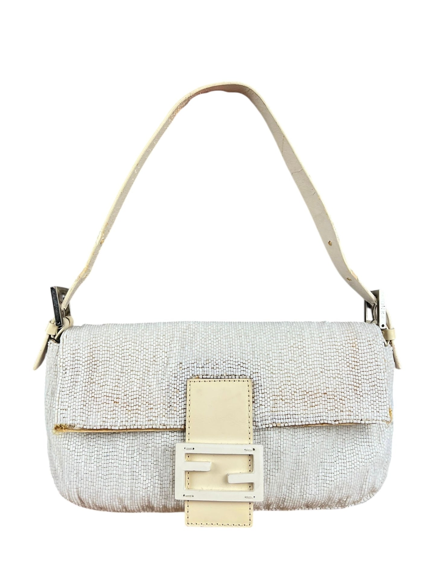 Fendi Handbag Beaded Baguette White Shoulder Bag