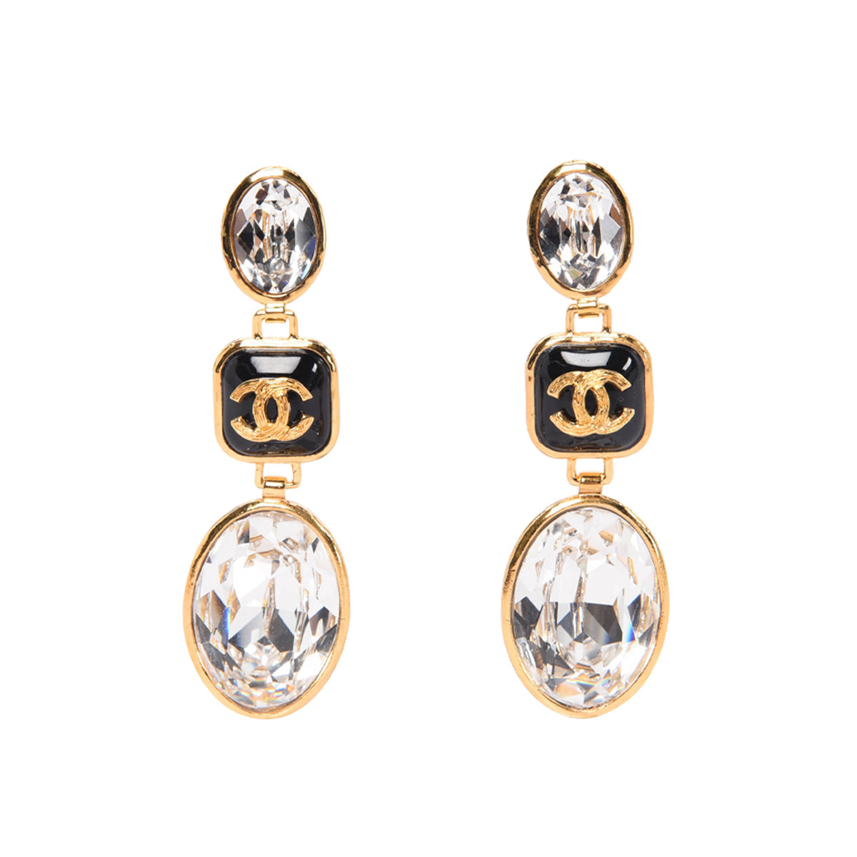 Chanel Gold & Black Crystal CC Clip-on Earrings Jewelry