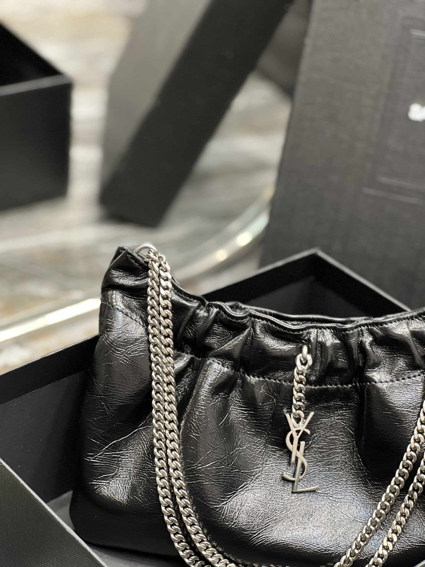 YSL Saint Laurent Hardware 9in 24cm Black Silver Mini Shoulder Bag