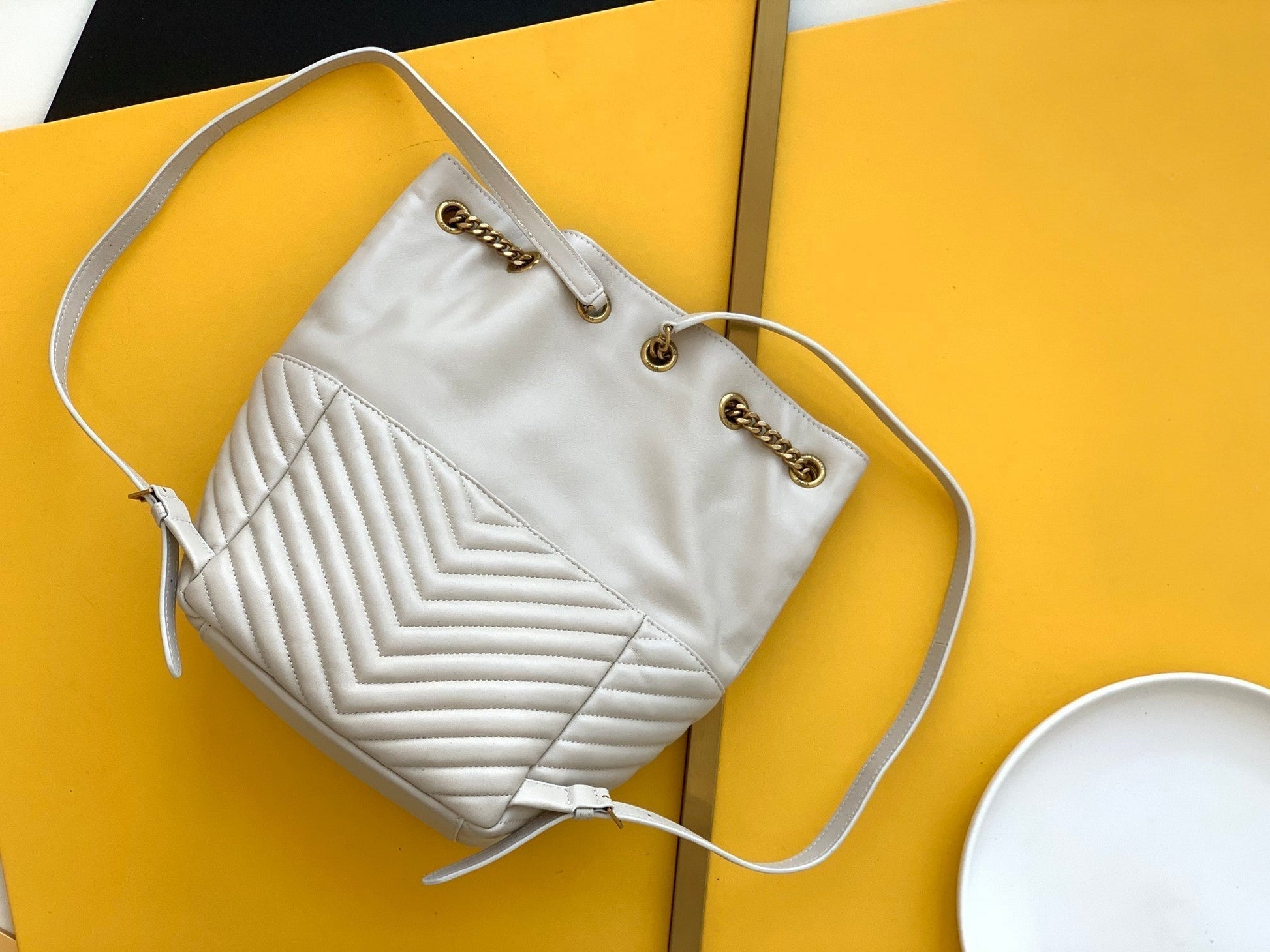 YSL Saint Laurent Joe Backpack Bronze-Toned Hardware 11.5in Monogram White