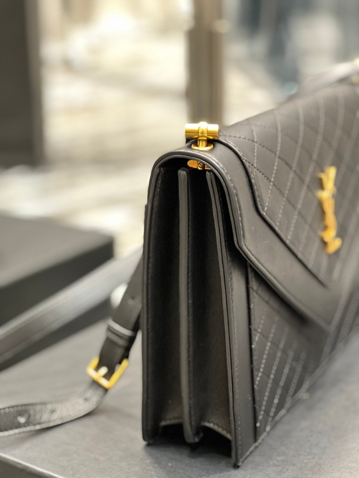 YSL Saint Laurent Gaby Toned Hardware 10in 26cm Black Gold Satchel Bag