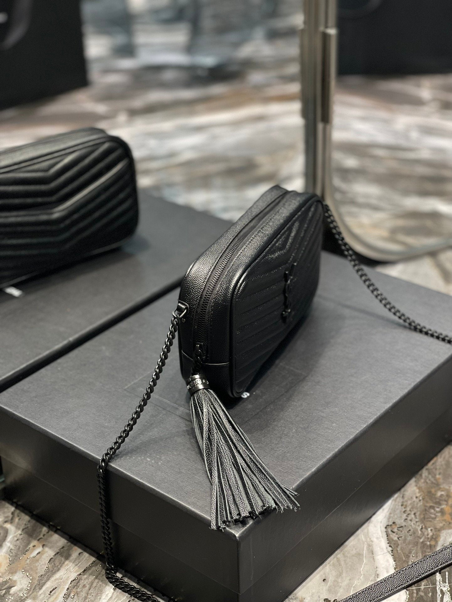 YSL Saint Laurent Lou Metal Toned Hardware 7in Grain De Poudre Quilted Black Mini Bag