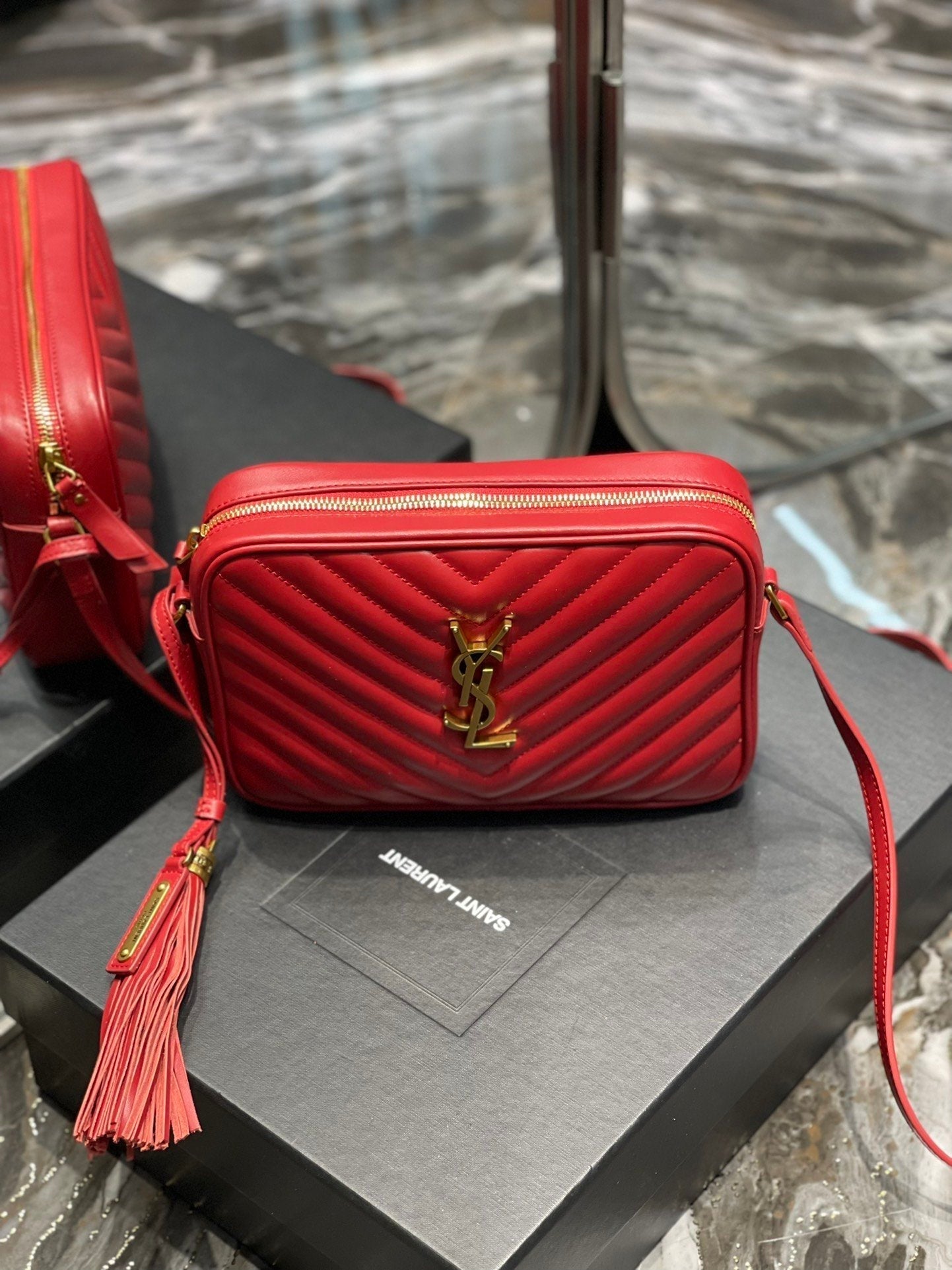 YSL Saint Laurent Lou Camera Toned Hardware 9in Red Gold Crossbody Bag