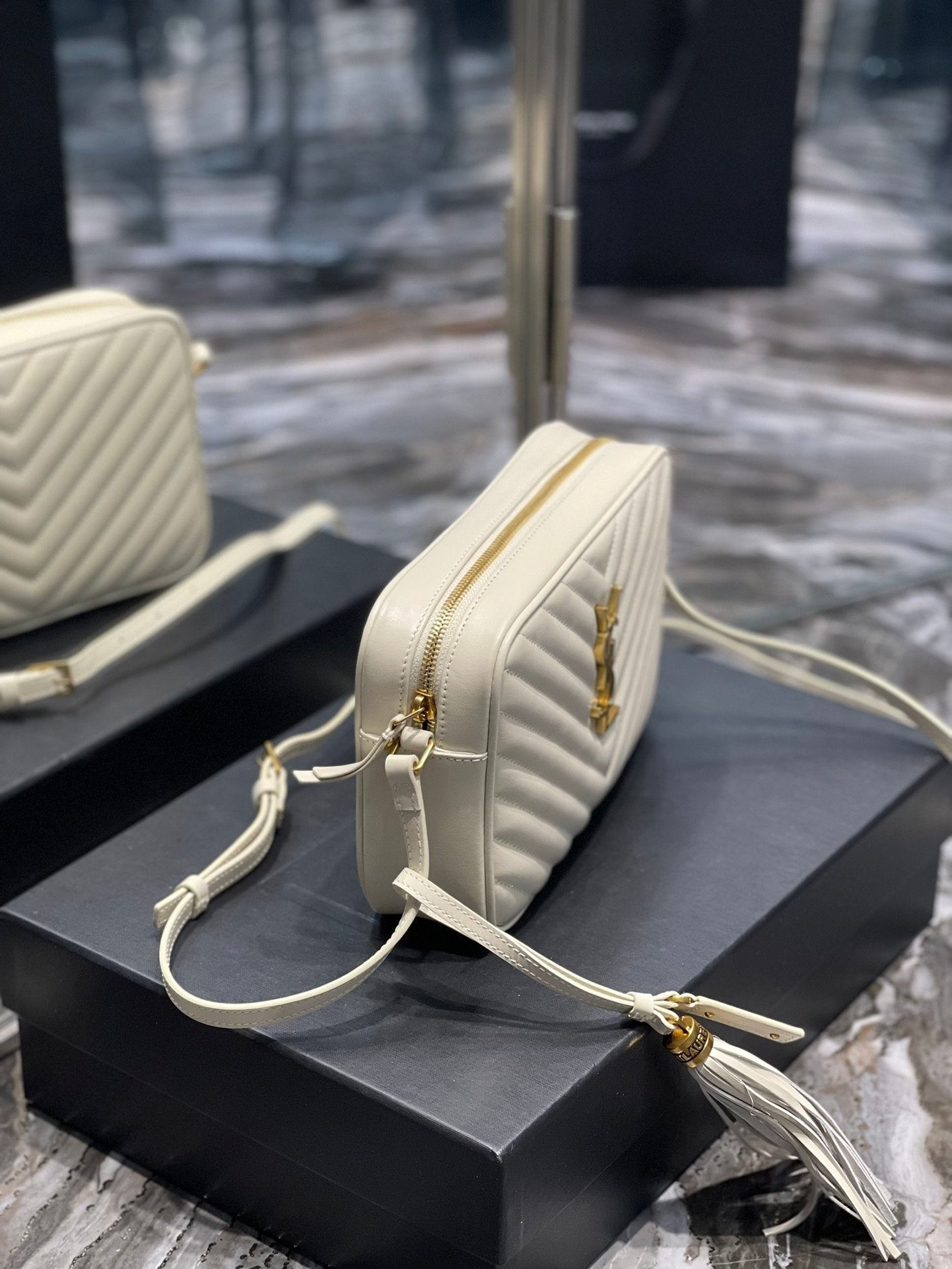 YSL Saint Laurent Lou Camera Toned Hardware 9in White Gold Crossbody Bag