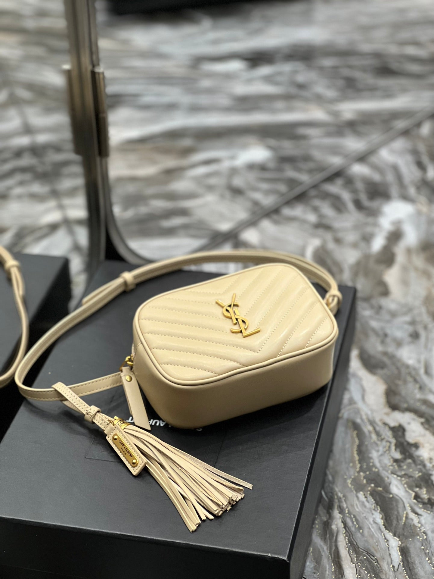 YSL Saint Laurent Lou Belt MatelassÃ© Toned Hardware Beige Gold Accessory