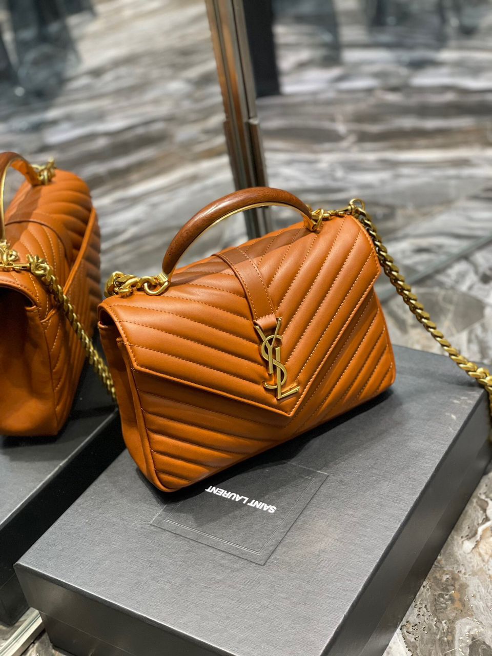 YSL Saint Laurent College Toned Hardware 9in 24cm Brown Gold Medium Chain Handbag
