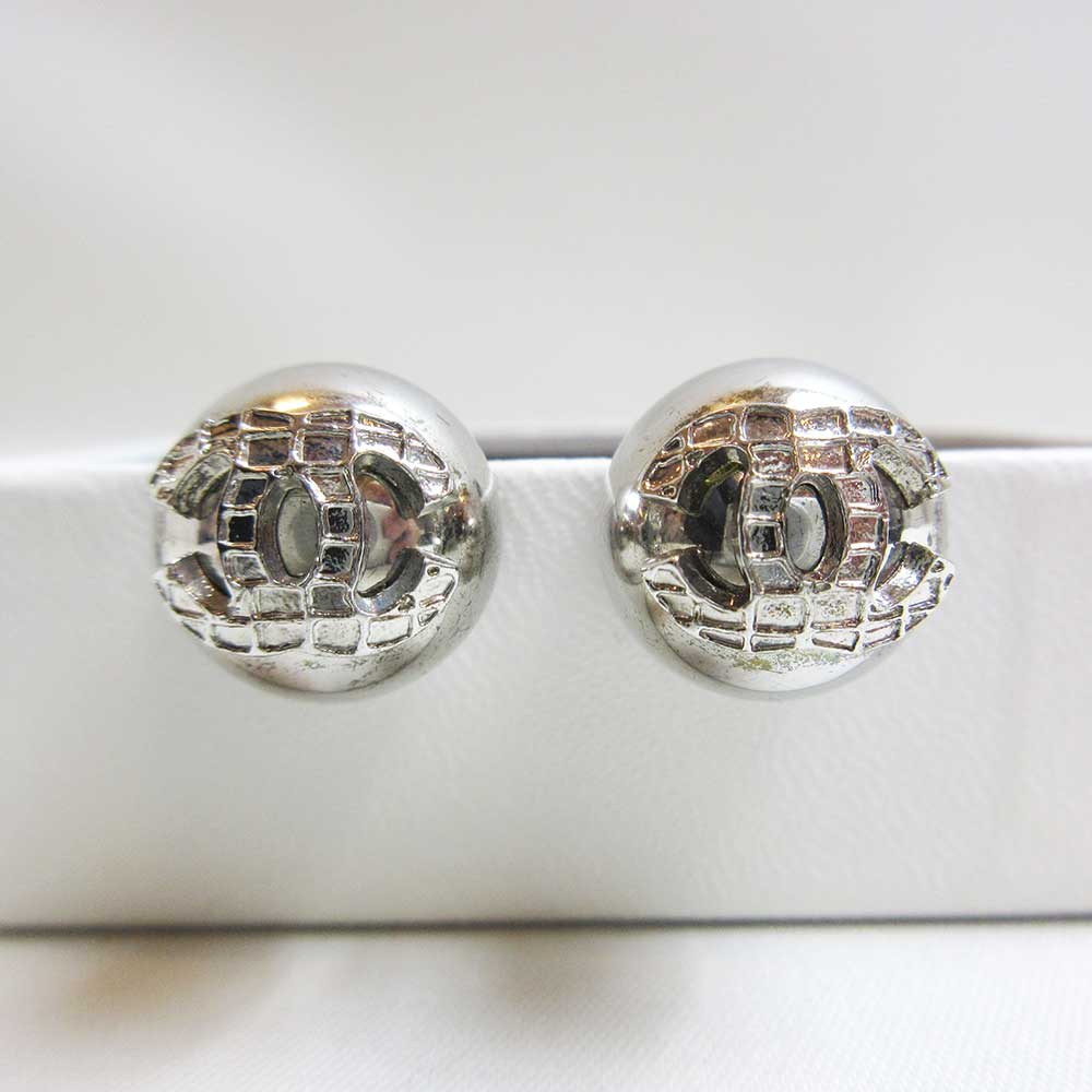 Chanel Silver Earrings Coco Mark AB Rank Jewelry