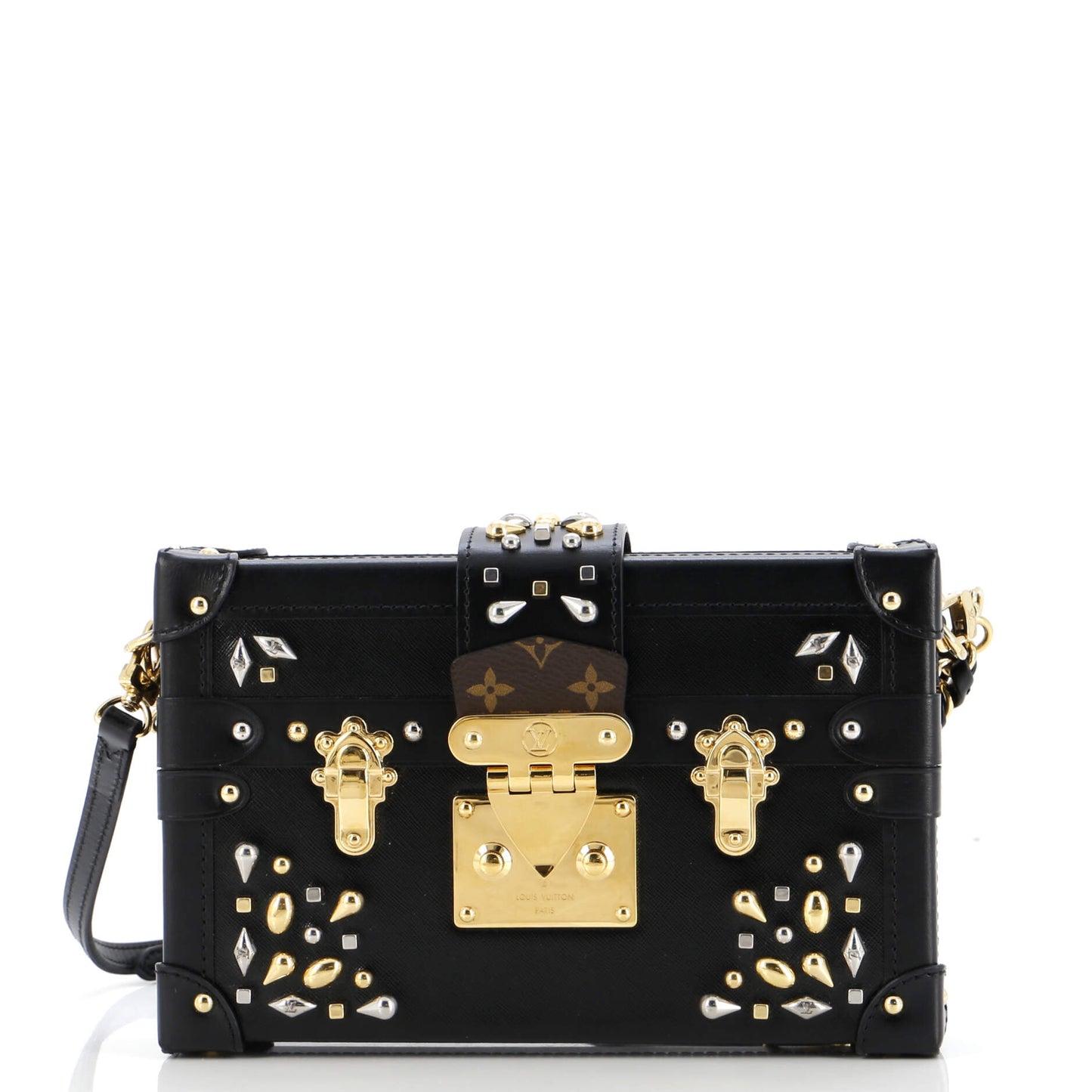 Louis Vuitton Petite Malle Handbag Studded Taiga And Leather Canvas Travel Bag