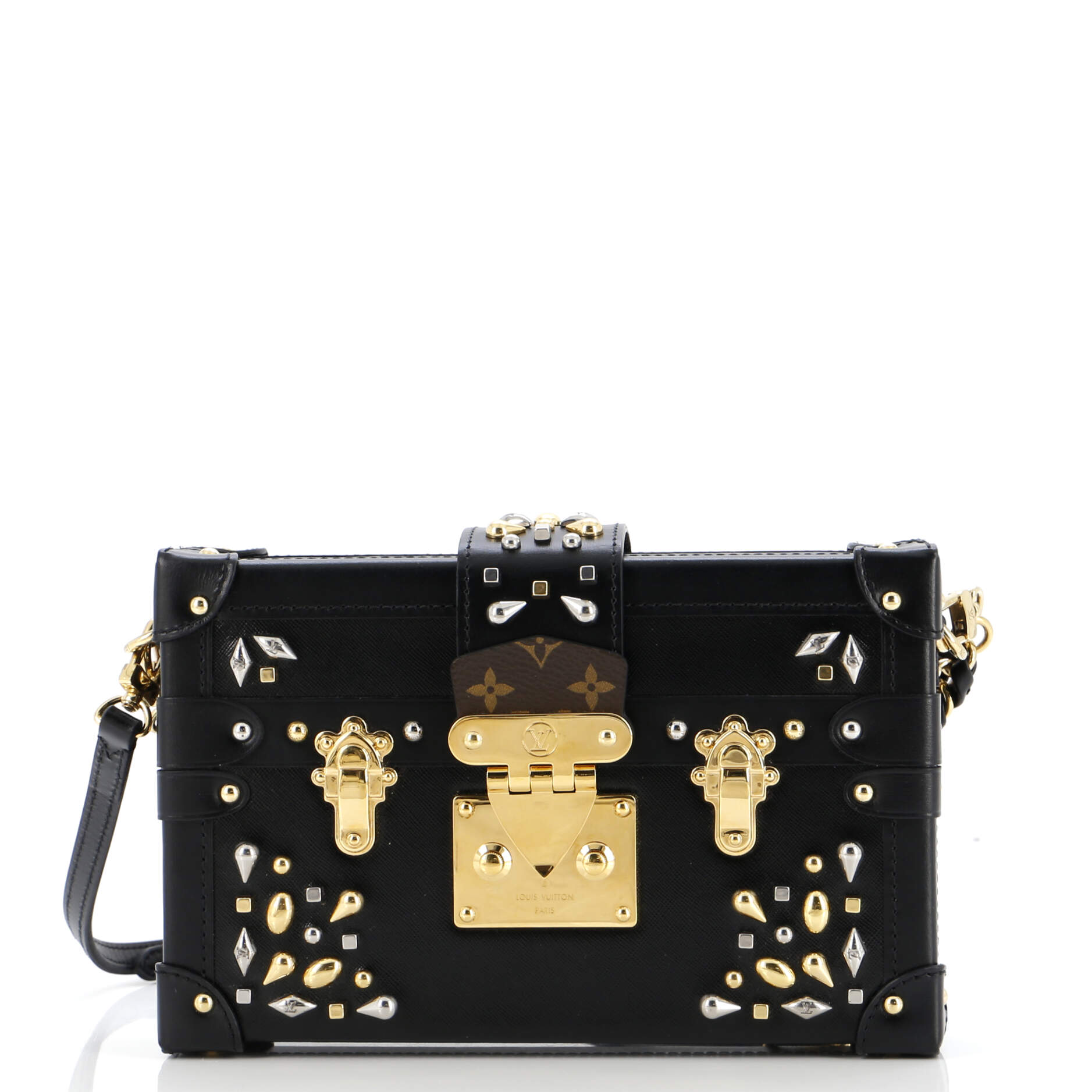 Louis Vuitton Petite Malle Handbag Studded Taiga And Leather Canvas Travel Bag