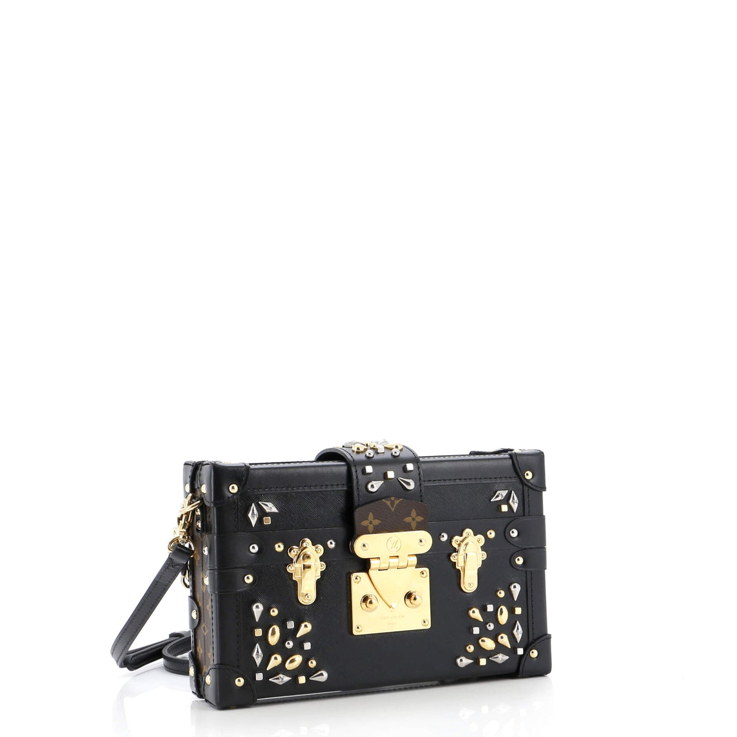Louis Vuitton Petite Malle Handbag Studded Taiga And Leather Canvas Travel Bag