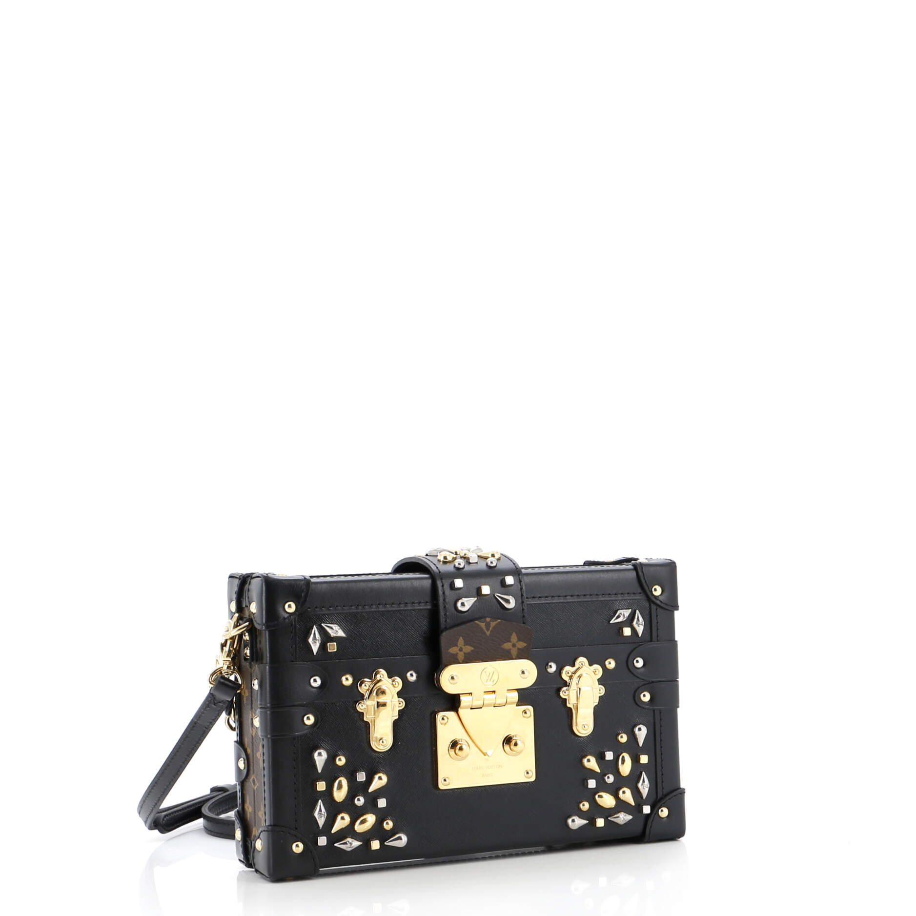 Louis Vuitton Petite Malle Handbag Studded Taiga And Leather Canvas Travel Bag