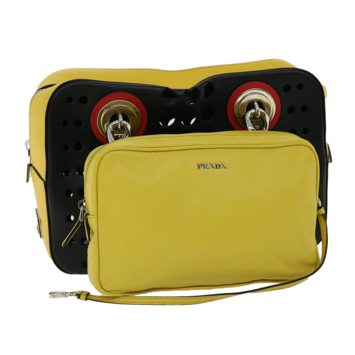 Prada Shoulder Bag Punching Tricolor Leather Black Chain