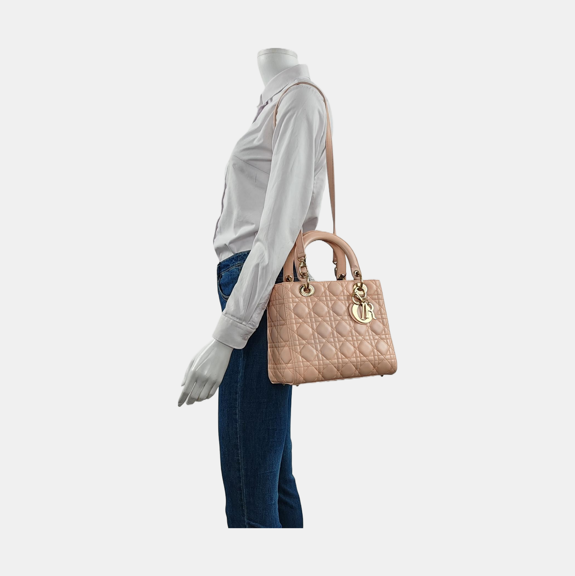 Dior Lady Medium Light Lambskin Hardware Handbag Leather Pink Travel Bag