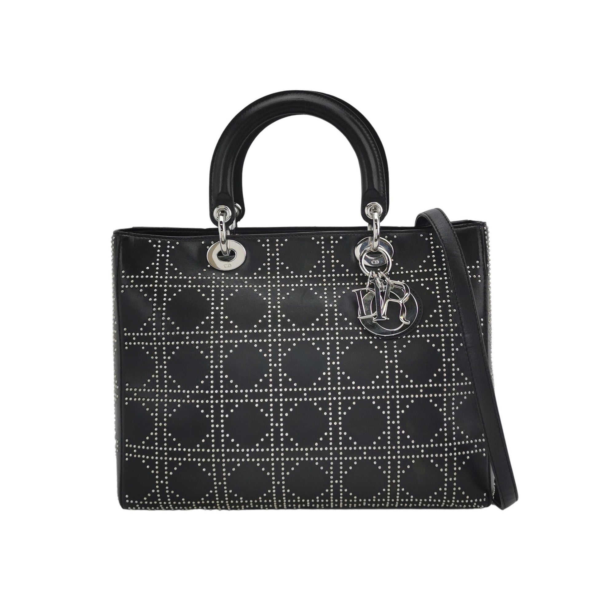 Dior Lady Lambskin Diamond Studs Hardware Handbag Black Silver Travel Bag