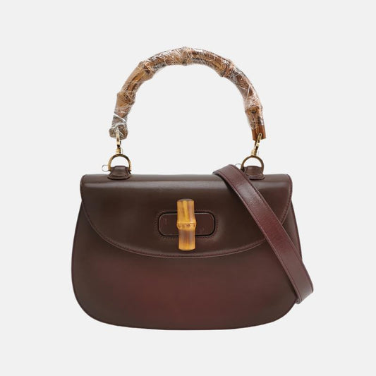 Gucci Bamboo Box Purple Leather Brown Medium Top Handle Travel Bag