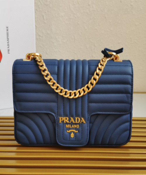 Prada Diagramme Bag Dark Leather Blue Medium Travel Bag