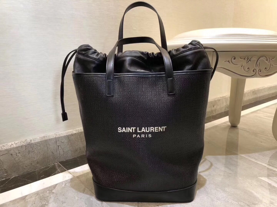 YSL Saint Laurent Teddy Handle 13in 33cm 96W1E Canvas Black Medium Bucket Tote Bag
