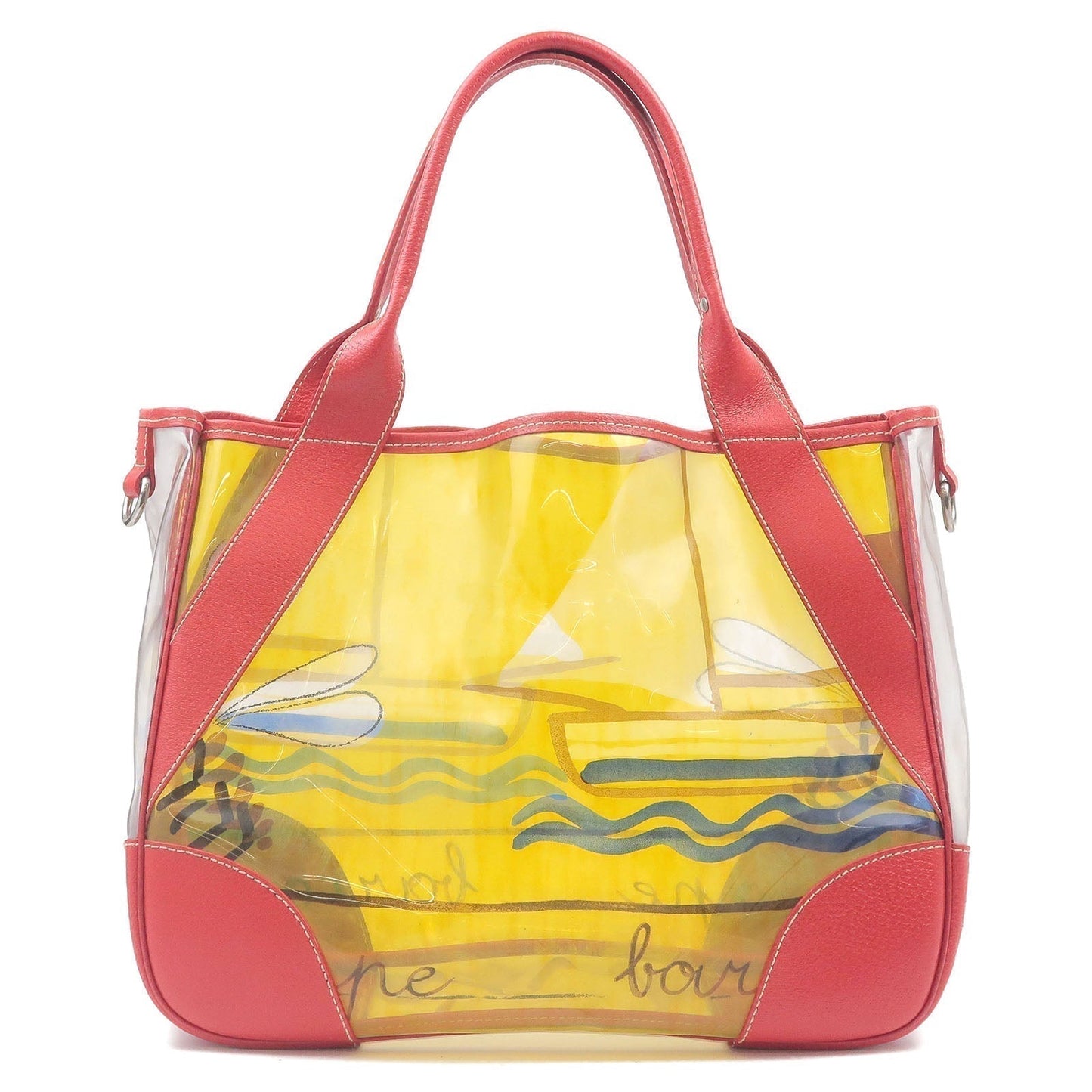 Prada Vinyl Print Tote Bag Beach Bag Clear Leather Red