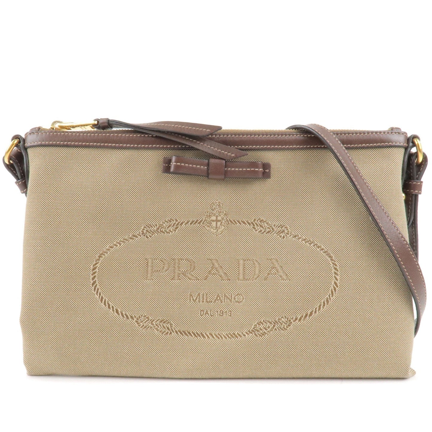 Prada Prada Logo Jacquard Leather Shoulder Bag Beige Brown Brown 35728 14