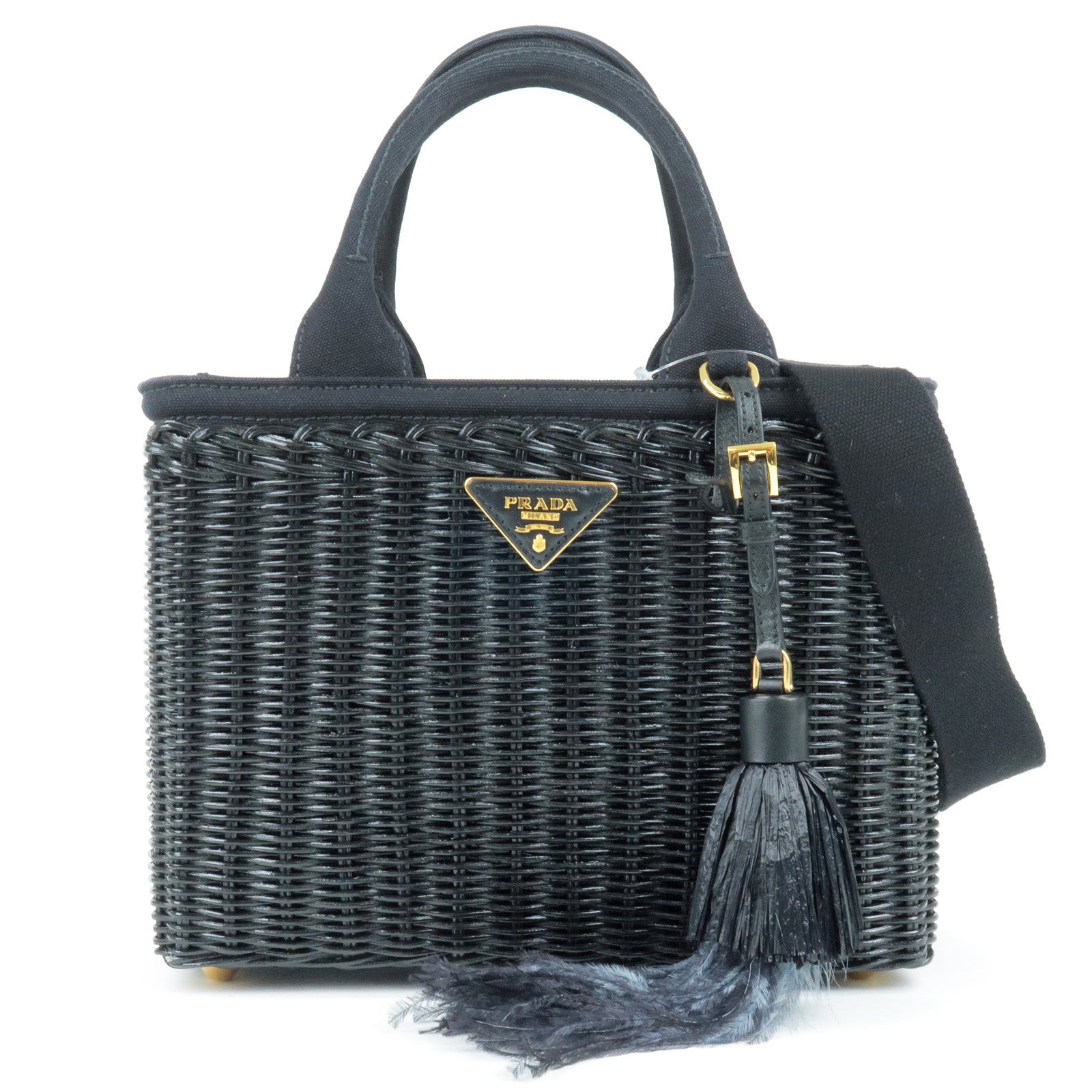 Prada 2Way Bag Hand Bag Nero Canvas Wicker Black Travel Bag