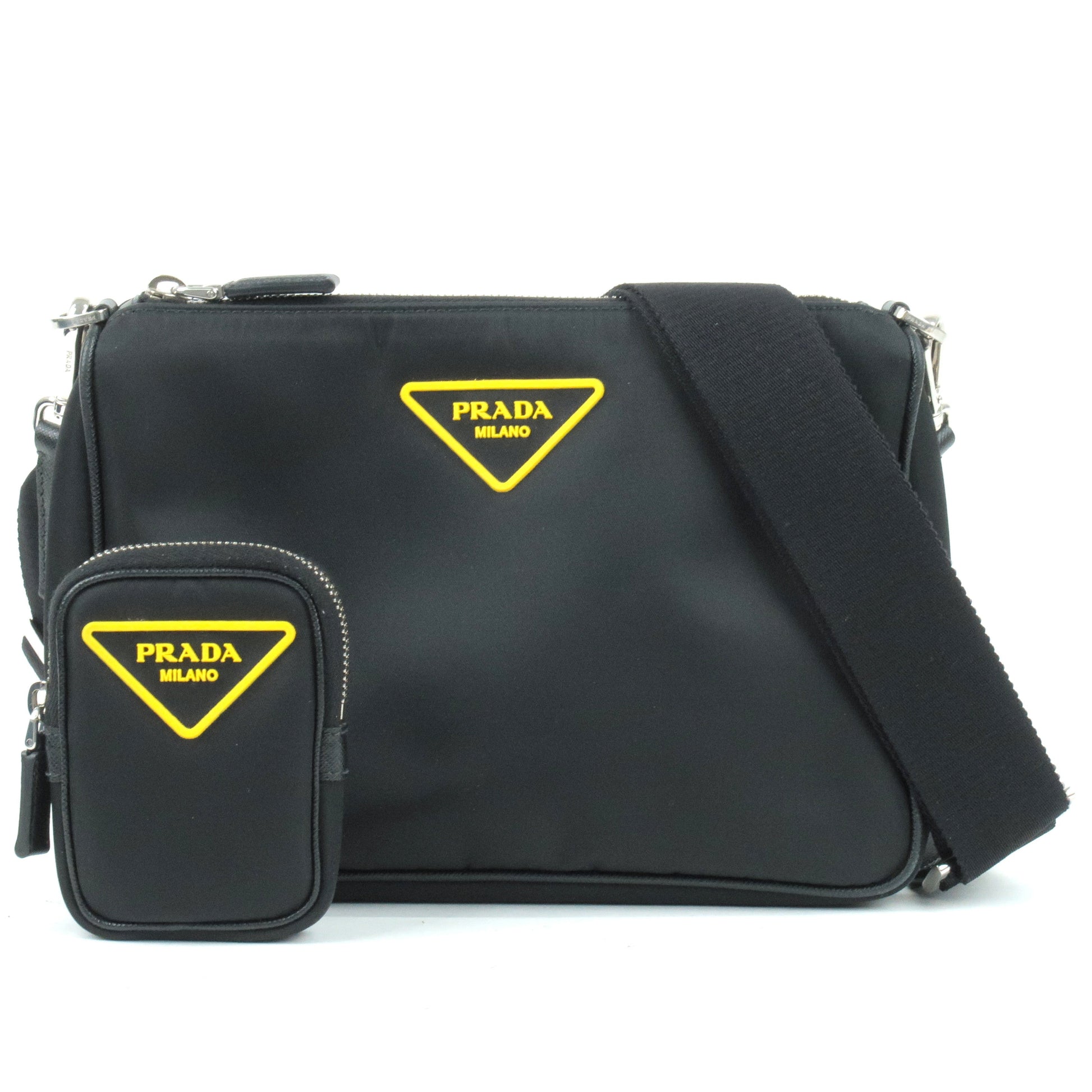 Prada Prada Logo Nylon Leather Shoulder Bag Black Yellow