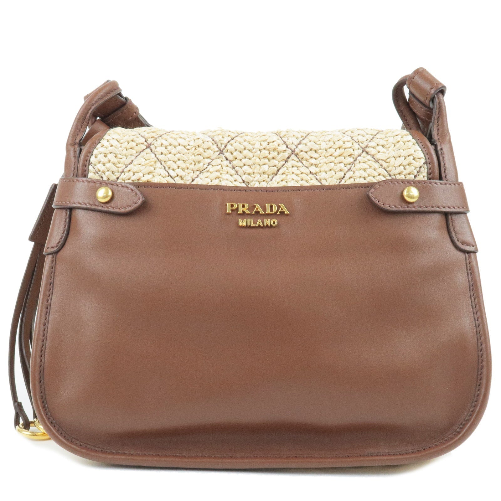 Prada Prada Corsaire Straw Leather Shoulder Bag Beige Brown