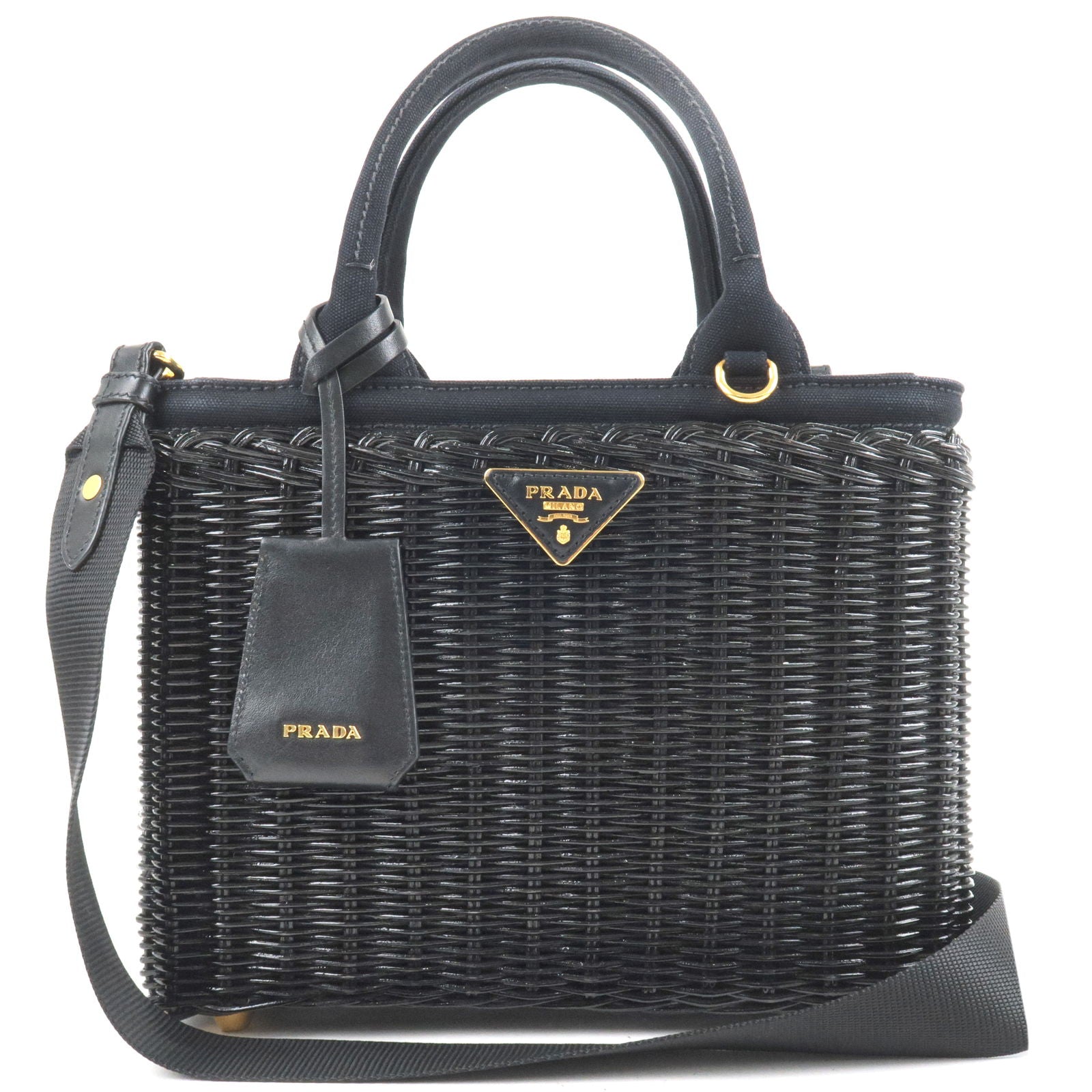 Prada 2Way Bag Hand Bag Canvas Wicker Black Travel Bag