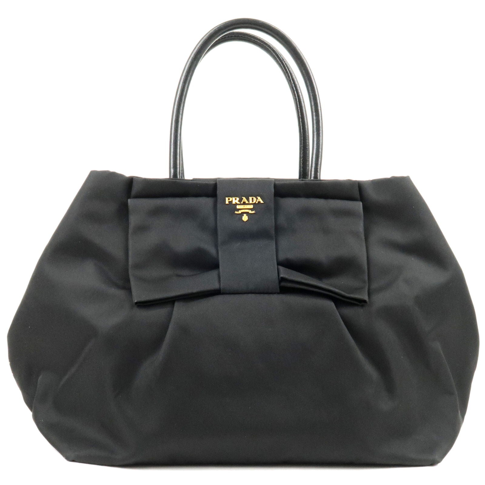 Prada Prada Logo Nylon Leather Ribbon Tote Bag Nero