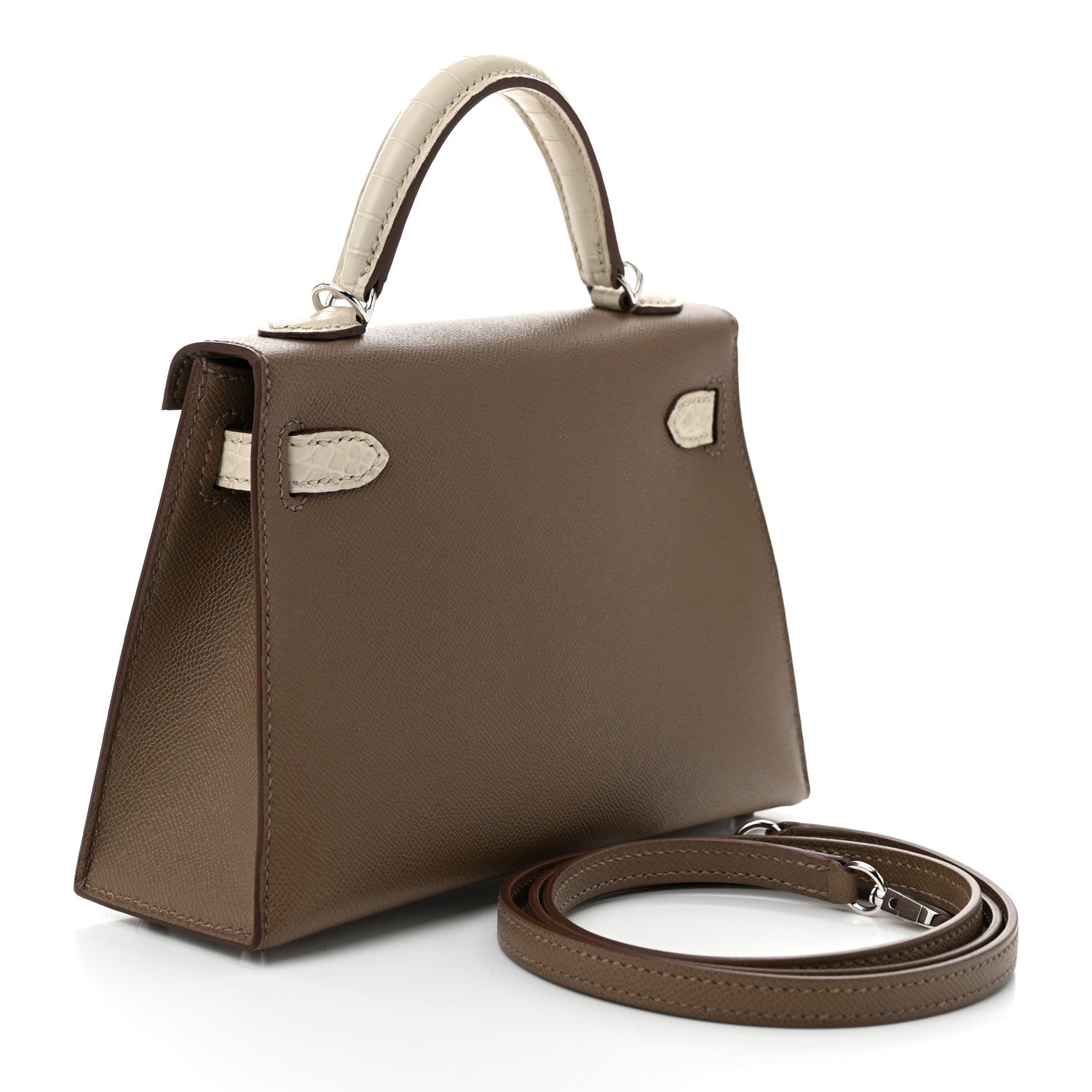 Hermes Madame Calfskin Matte Alligator Kelly Sellier Touch Etoupe Mini Travel Bag