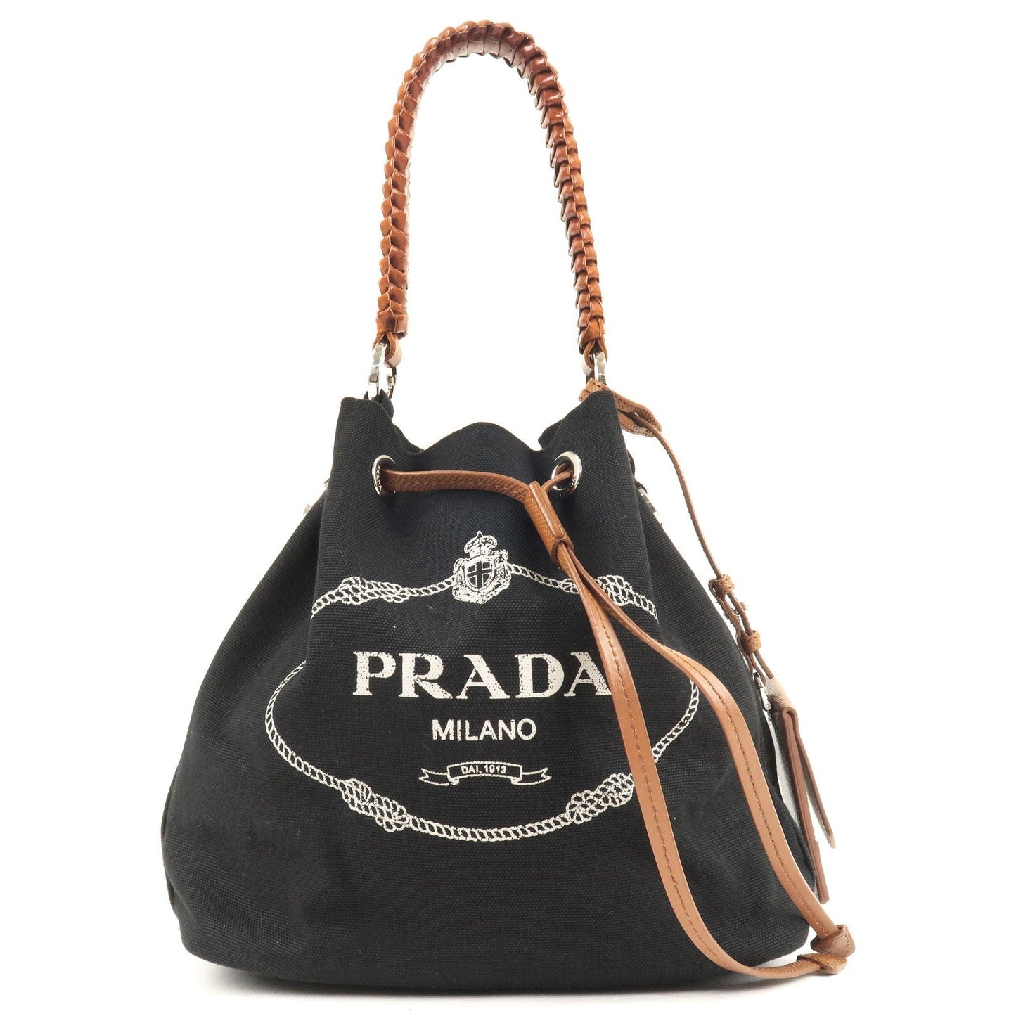 Prada Prada Canvas Leather Bucket Shoulder Bag Black 1Be032