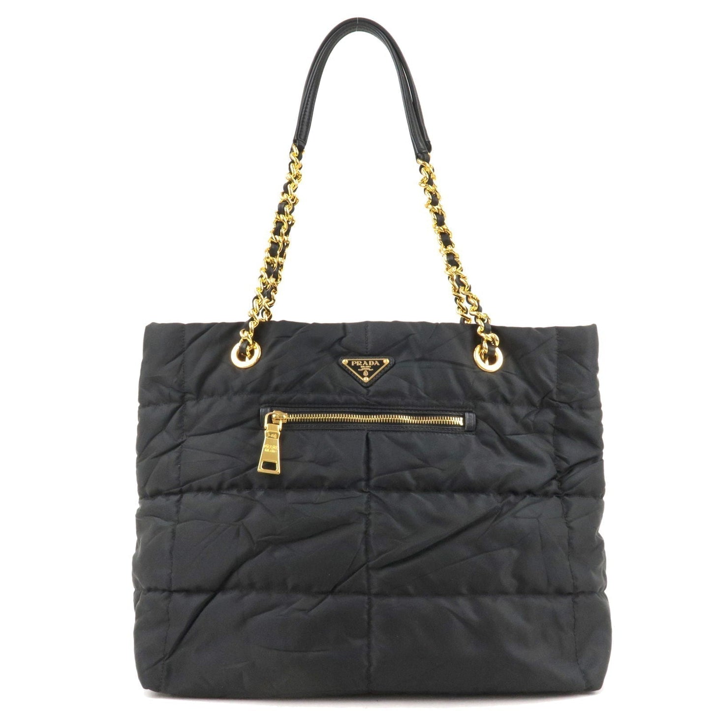 Prada Prada Logo Nylon Leather Chain Tote Bag Black